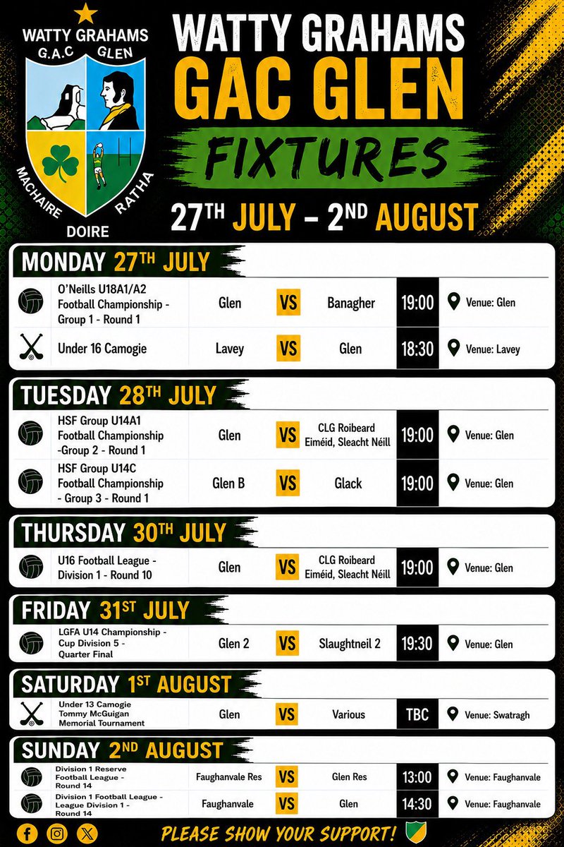 WattyGrahamsGAA's tweet photo. Club fixtures for the week ahead 🔰 https://t.co/9ziRZs92BA