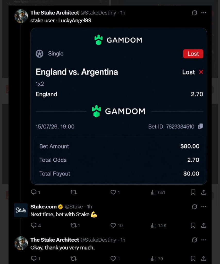 Kingremkay's tweet photo. England scored first, other platforms would have marked it as loss but stake still showed up and tipped him anyways.. https://t.co/CSB6v4Lwwf