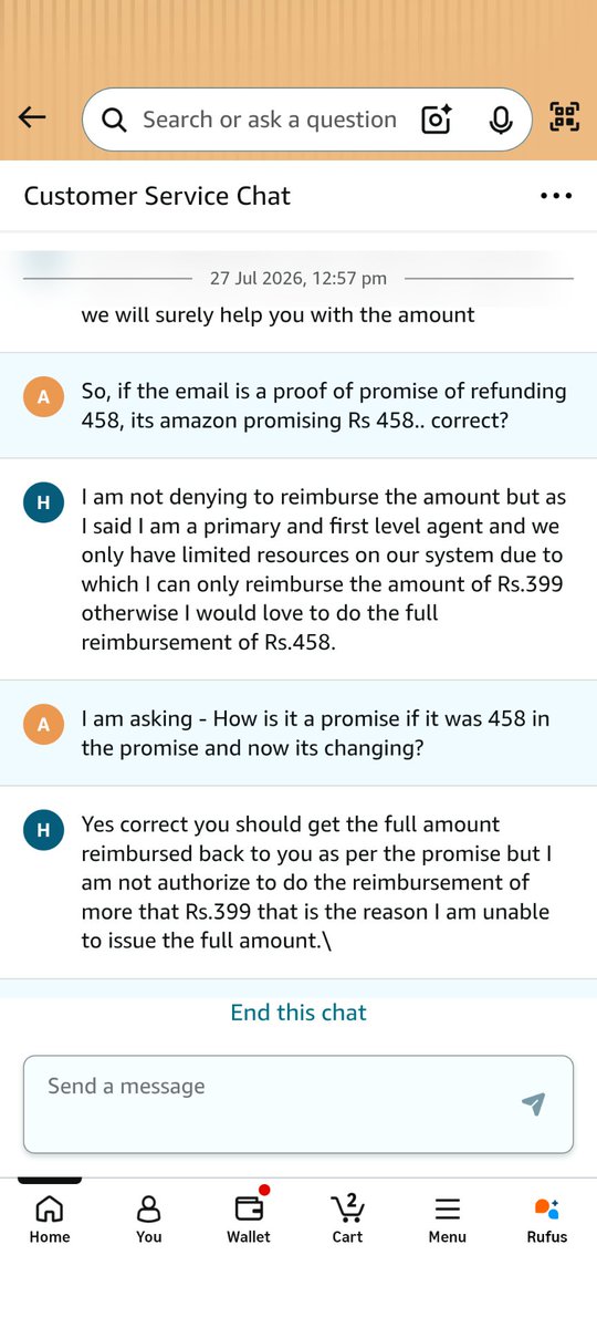 Ank17gupta's tweet photo. @AmazonHelp @amazon @amazonIN Even your executives are agreeing that it's correct, but they can't! @amazonIN @AmazonHelp https://t.co/nrgxdb2OPL