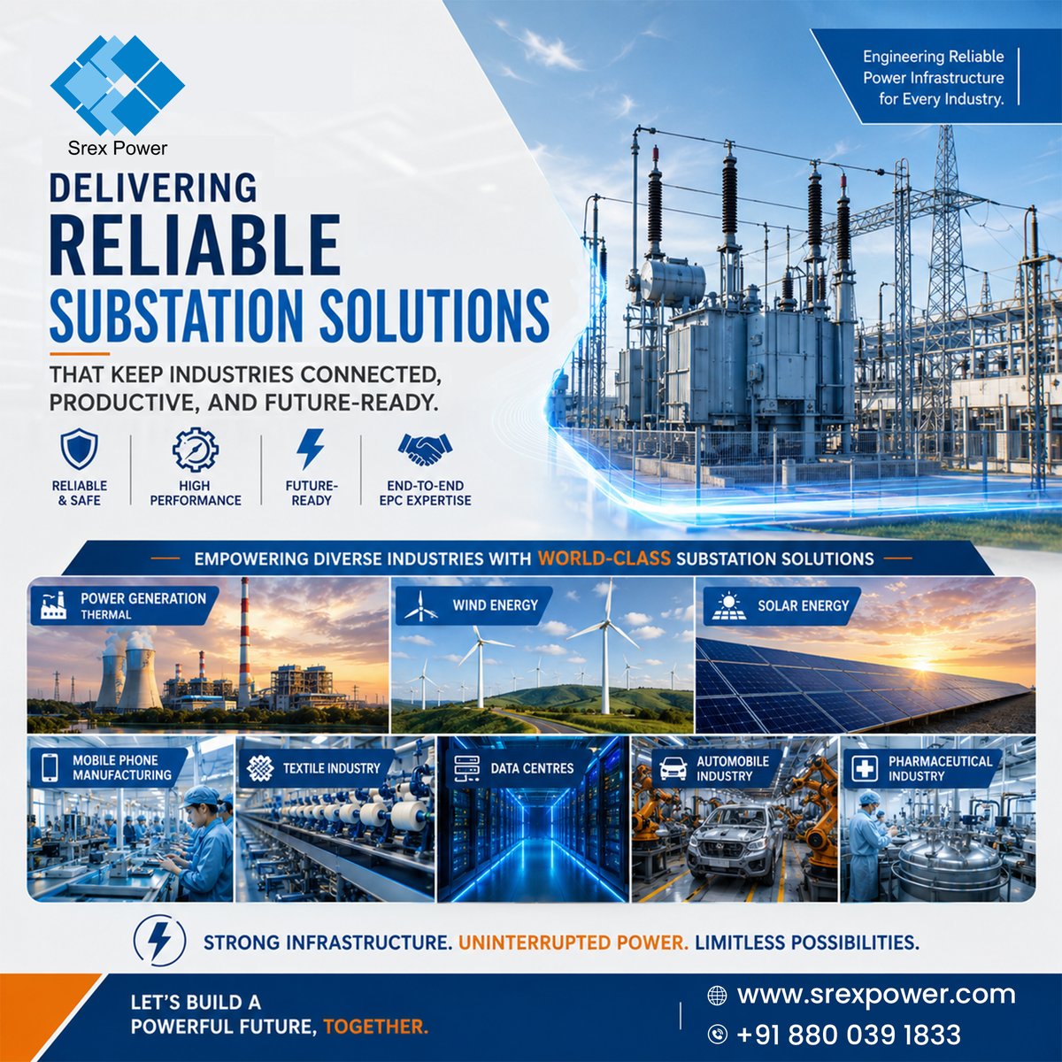 srexpowerindia's tweet photo. ⚡ Reliable power drives industrial growth. Srex Power delivers AIS &amp; GIS Substation EPC Solutions up to 400kV &amp; Above, powering utilities, data centres, manufacturing &amp; renewable energy.

#AIS #GIS #Substation #EPC #PowerInfrastructure #SrexPower #India #Energy https://t.co/rrzqEEjxkt