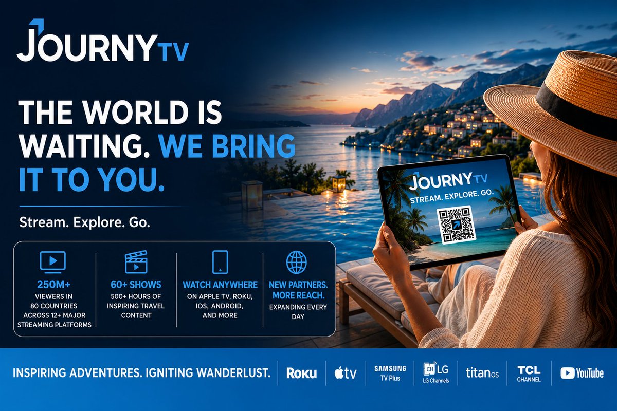 JournyNow's tweet photo. Big things are happening at JOURNY TV. 
More Shows. More Platforms. More places to explore.
JOURNY TV is expanding its global footprint, bringing inspiring travel entertainment to 250M+ viewers across 80 countries and more than a dozen major streaming platforms.
Stream. Explore. https://t.co/ukshbaPQti