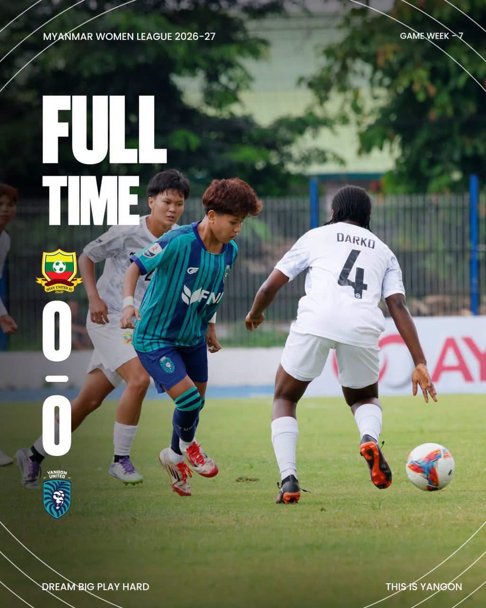 YangonUnitedFC's tweet photo. ပွဲပြီးရလဒ် | 𝐅𝐮𝐥𝐥 𝐓𝐢𝐦𝐞 🟢🔵

Both teams shared points at the final whistle. 

#YUFC #Yangon #ThislsYangon #HomeOfYUFC #DreamBigPlayHard #womenleague  #matchday #SUFCvYUFC #glorysports #Fulltime https://t.co/37Yv4JS8A6
