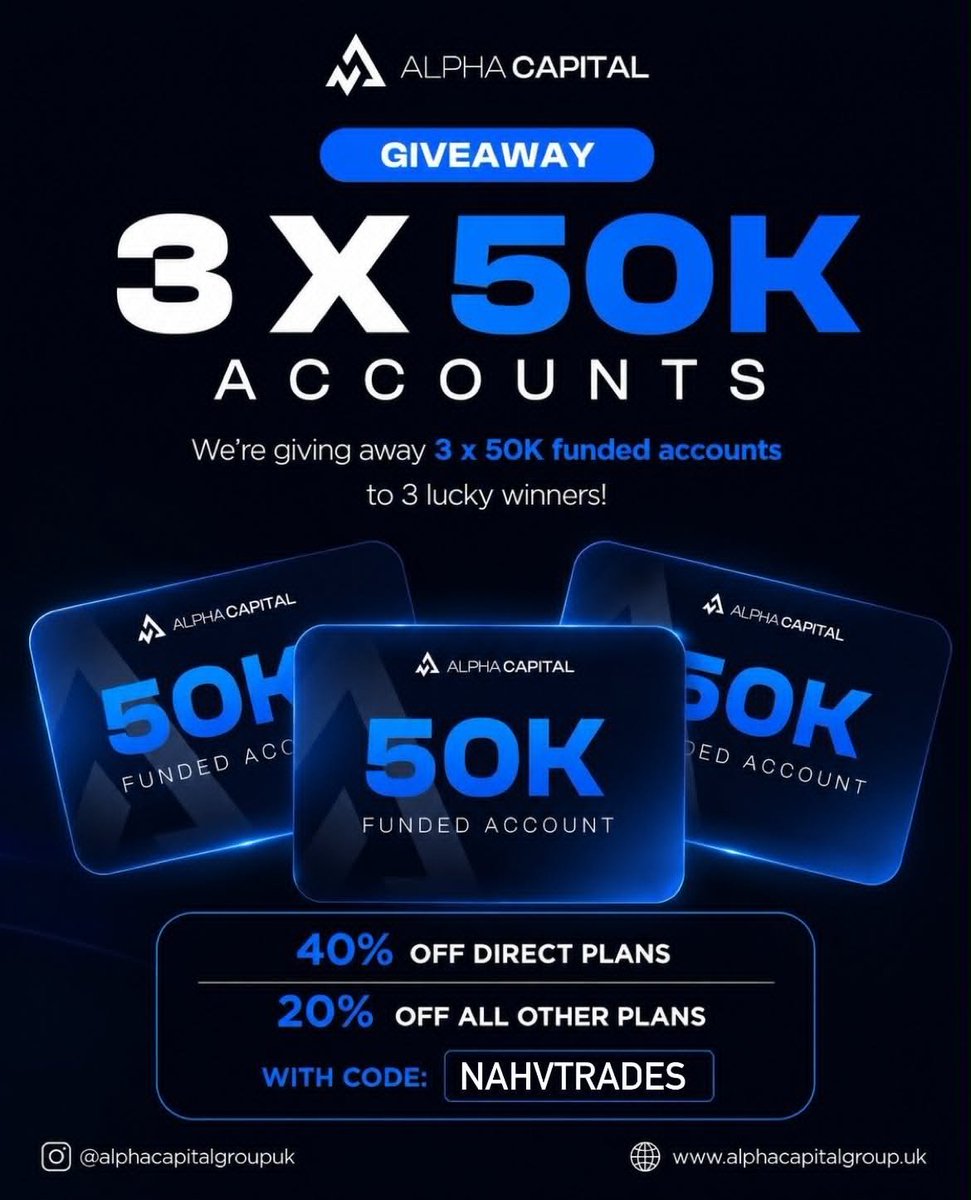 nahvTrades's tweet photo. 🚨 GIVEAWAY ALERT 🚨

3x50K from @AlphaCapitalUK. 

To join:  

💠 Follow Alpha on IG: https://t.co/ME8J9BC8eo… 

 💠Follow: @nahvTrades  @AlphaCapitalUK

 💠Tag 3 friends  

WINNERS IN 5 DAYS.
Don’t forget to use code NAHVTRADES for 40% off on DIRECT PLANS and 20% off on all other plans.