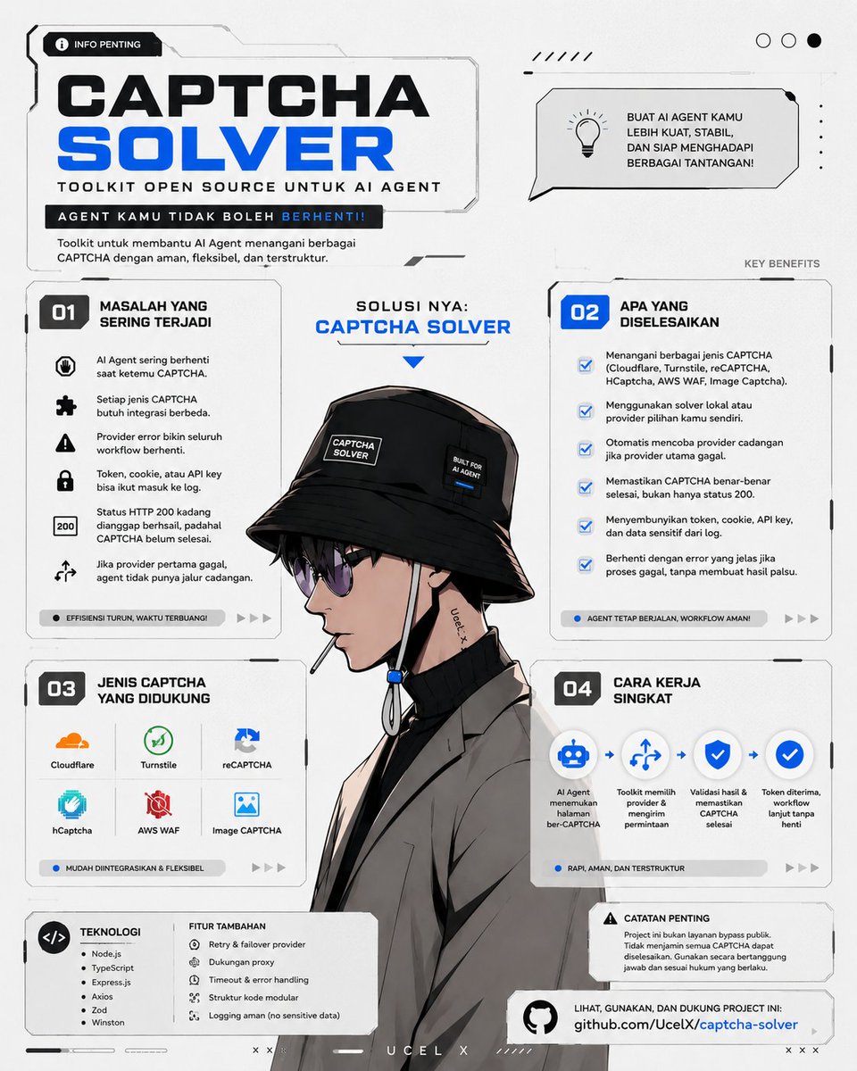 UCEL_X's tweet photo. AI Agent kalian sering berhenti saat ketemu CAPTCHA?

Masalah yang sering terjadi:
• Setiap jenis CAPTCHA butuh integrasi berbeda
• Provider error bikin seluruh workflow berhenti
• Token, cookie, atau API key bisa ikut masuk ke log
• Status HTTP 200 kadang dianggap berhasil, padahal CAPTCHA belum selesai
• Kalau provider pertama gagal, agent gak punya jalur cadangan

Karena itu gua bikin CAPTCHA Solver Toolkit.

Project open source ini membantu AI Agent mengatur proses penanganan Cloudflare, Turnstile, reCAPTCHA, hCaptcha, AWS WAF, dan image CAPTCHA melalui solver lokal atau provider milik pengguna.

Fitur utamanya:
• Local-first dan bisa dijalankan di laptop atau VPS sendiri
• Satu format integrasi untuk beberapa provider
• Otomatis mencoba provider cadangan saat provider utama gagal
• Memastikan CAPTCHA benar-benar selesai, bukan cuma menerima respons 200
• Menyembunyikan token, cookie, API key, dan data sensitif dari log
• Berhenti dengan error yang jelas jika proses gagal, tanpa membuat hasil palsu

Tool ini bukan layanan bypass publik dan belum menjamin semua CAPTCHA bisa diselesaikan. Fokusnya adalah membuat integrasi CAPTCHA untuk AI Agent lebih rapi, aman, dan mudah dikembangkan.

Masih tahap pengembangan, jadi semua feedback dan kontribusi sangat gua apresiasi.

Repo:
https://t.co/iKkRRCrk5F⁠