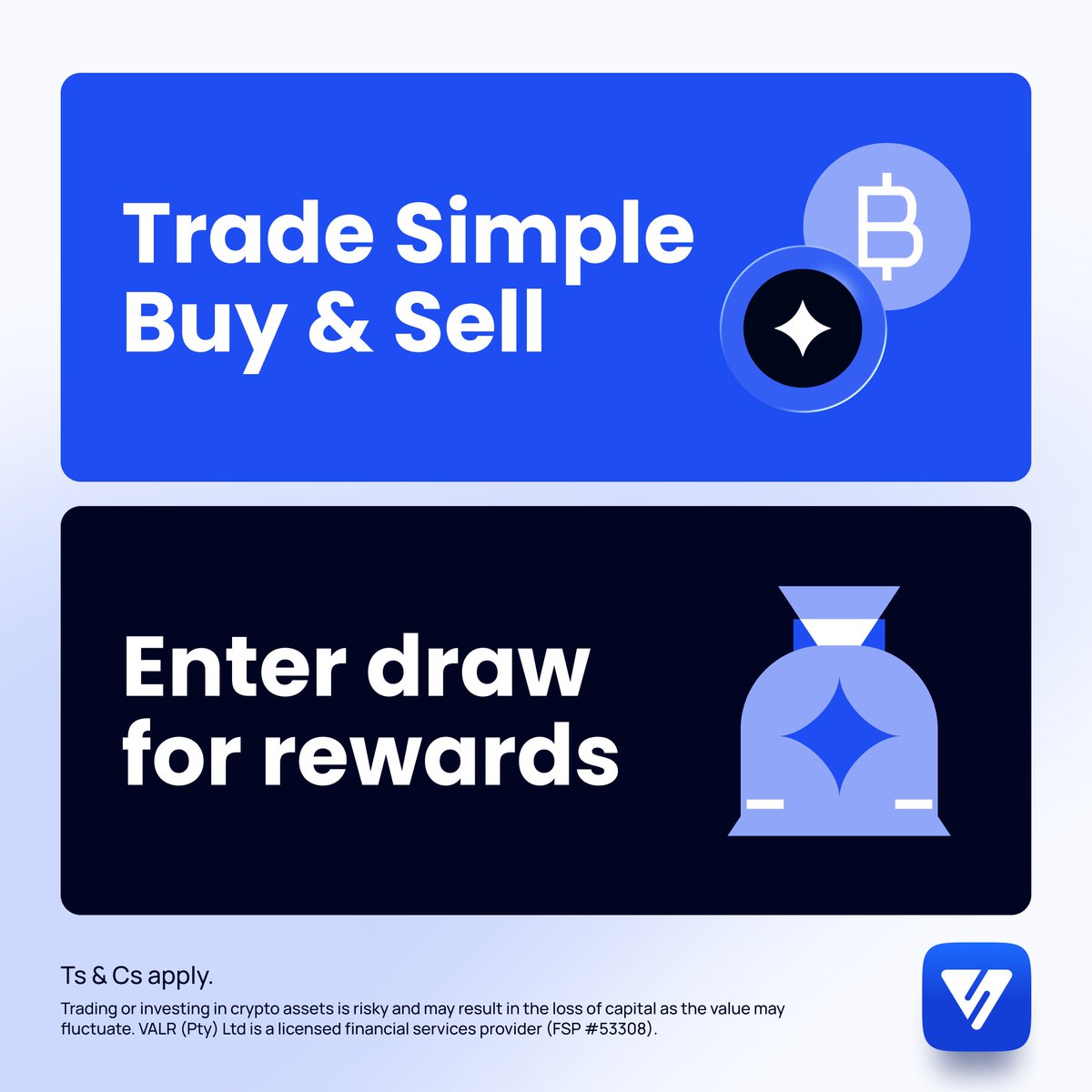VALRdotcom's tweet photo. Earn a share of $1,000 in crypto this July.

Trade via Simple Buy &amp; Sell on VALR, reach the monthly trading volume tiers, and you’ll be entered into the monthly draw.

Open to new and existing users. Ts &amp; Cs apply: https://t.co/4PZRo9BWGc https://t.co/o4pHnfCvVC