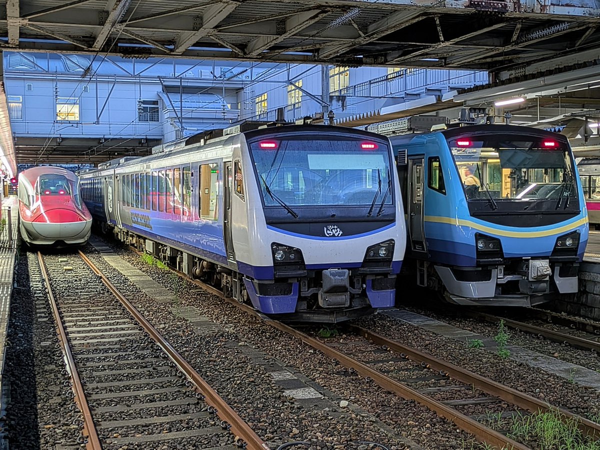 mvUxxb96sFfHQK3's tweet photo. 遅延で秋田駅に到着した HB-E300系AH1「ひなび（陽旅）」編成+同AH2「SATONO」編成とひと足お先に団臨運用で到着し入区待ちのHB-E300系「リゾートしらかみ青池」編成 更に3027Mで到着したE6系Z10編成が揃い踏みとなりました。併結最終日に思わぬ演出ありがとうございました！
#並んだら撮るよね https://t.co/0WBlYGdqMD
