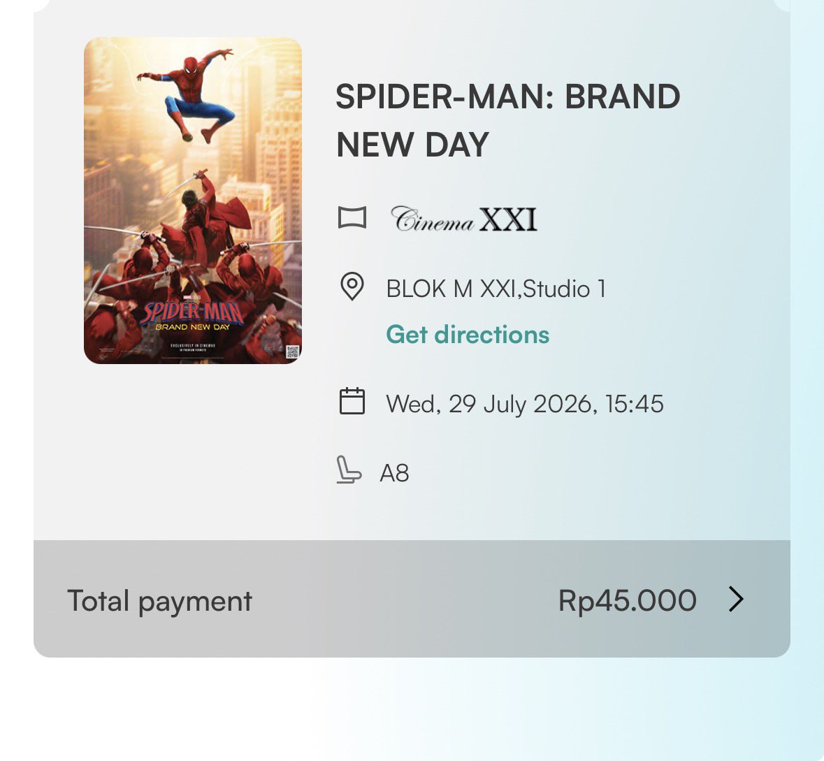 j6zskf's tweet photo. wts jual tiket film spiderman: brand new day. bioskop blok m plaza hari rabu 29 juli 15.45

90rb/2 tiket or 45rb/1 tiket
seat A9 A8
#zonauang #spiderman #SpidermanBrandNewDay https://t.co/SczuOPSDrd