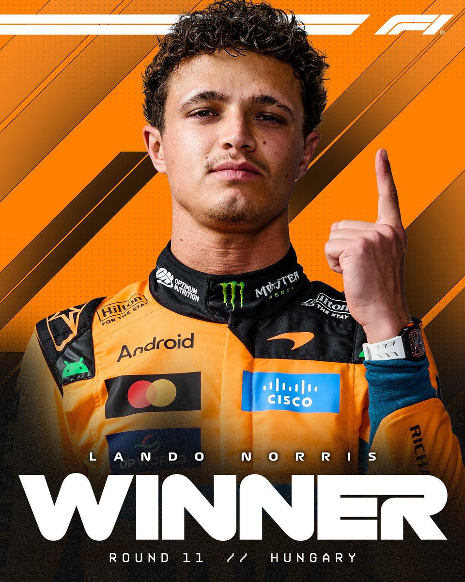 SWorld77267's tweet photo. 📊 British driver Lando Norris of the McLaren team wins the Hungarian Grand Prix - Round 11 of the Formula 1 World Championship, achieving his first victory this season 🏎️. 
#F1 #HungarianGP https://t.co/v5qfc45kWV
