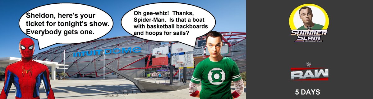 josh9180185266's tweet photo. #SheldonCooper meets #SpiderMan at the Intuit Dome in Los Angeles, CA for tonight's #WWERaw. #RoadToSummerSlam https://t.co/TU84EUVyE4
