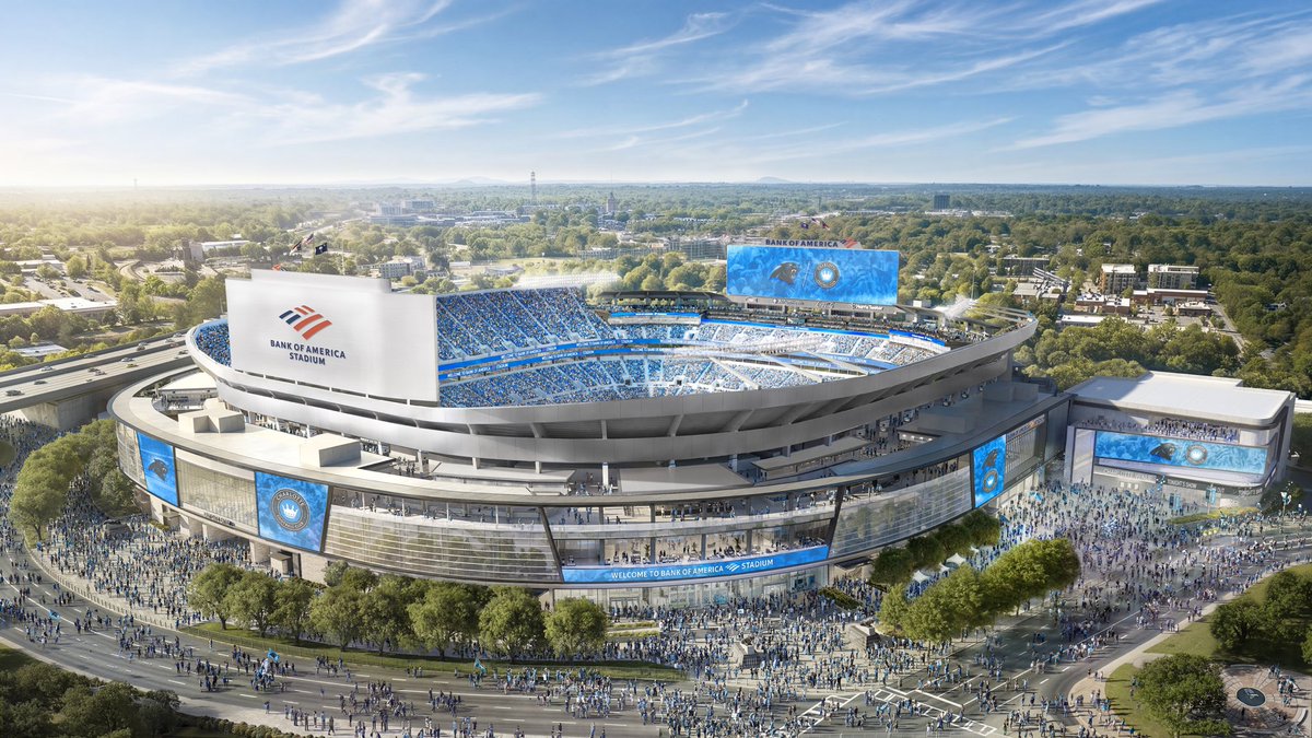 PR927FM's tweet photo. NEWS: Changes are coming to Bank of America Stadium, per Adam Schefter. “Tepper Sports & Entertainment and the Carolina Panthers have released new renderings of the Bank of America Stadium renovation project. This is in conjunction with announcing a long-term extension of their naming rights partner Bank of America and a significant additional private investment from owner David Tepper to the renovation. The initial upfront cost is now expected to be north of $1.3B — which includes the addition of new fan gathering spaces, a 500-level social patio and a 4,400 seat entertainment venue. The phased project is on track to be fully completed in 2030.”
📸 Adam Schefter