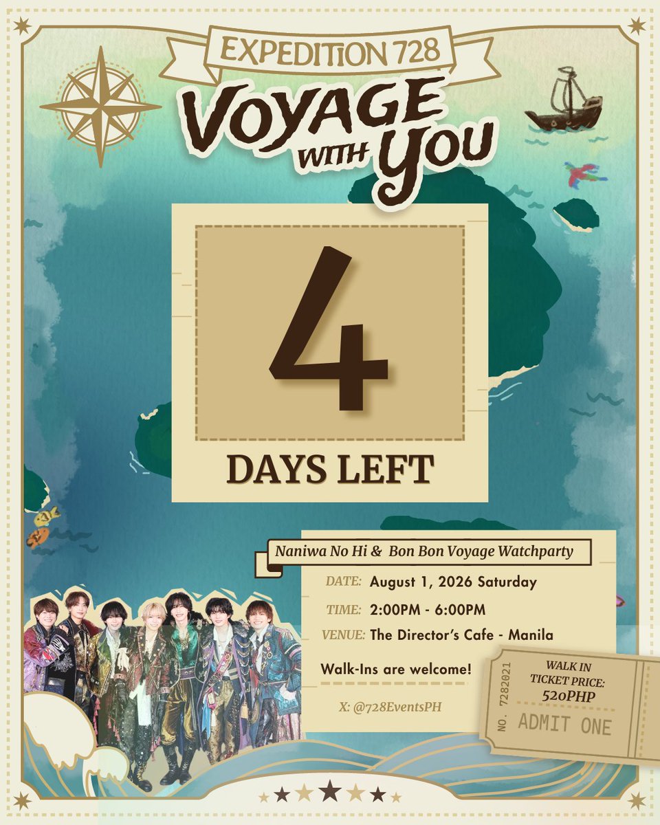 728EventsPH's tweet photo. [D-4] Expedition 728: Voyage with You — Naniwa no Hi &amp; Bon Bon Voyage Watch Party

Happy Naniwa no Hi!🎊 Hope everyone is having the best day~ Let's all celebrate together this Saturday!✨

🗓 August 1, 2026 | 2PM - 6PM
📍Director's Cafe — Manila
👤PH Nanifams https://t.co/we42sxcOju