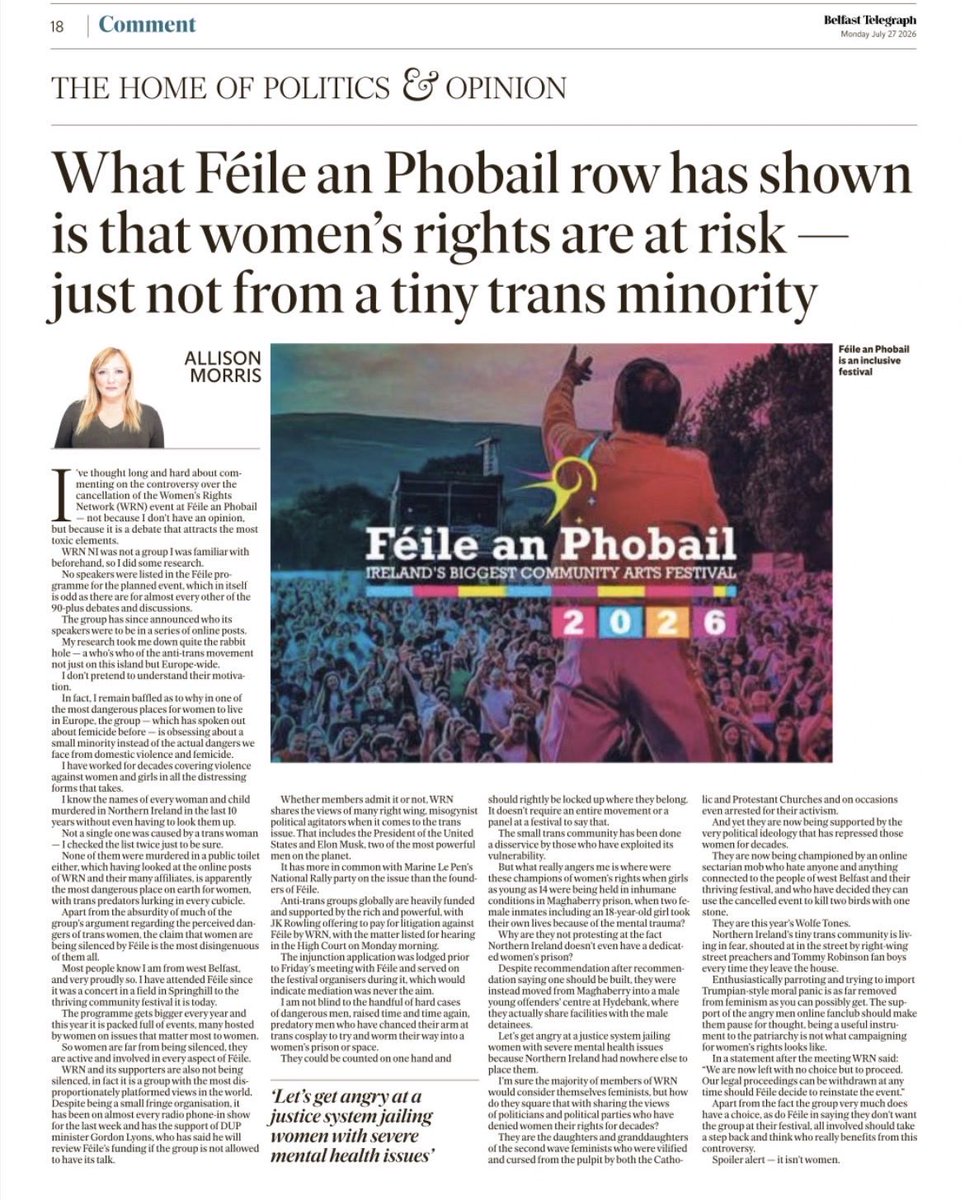 KarSugrue's tweet photo. A superb analysis by Allison Morris in @BelTel 

“NI is one of the most dangerous places in Europe for women …. &amp; not a single one has been murdered by a trans woman….. or in a bathroom”

Why are groups inventing problems which don’t exist when there are so many real problems? https://t.co/df1dcH6n6g