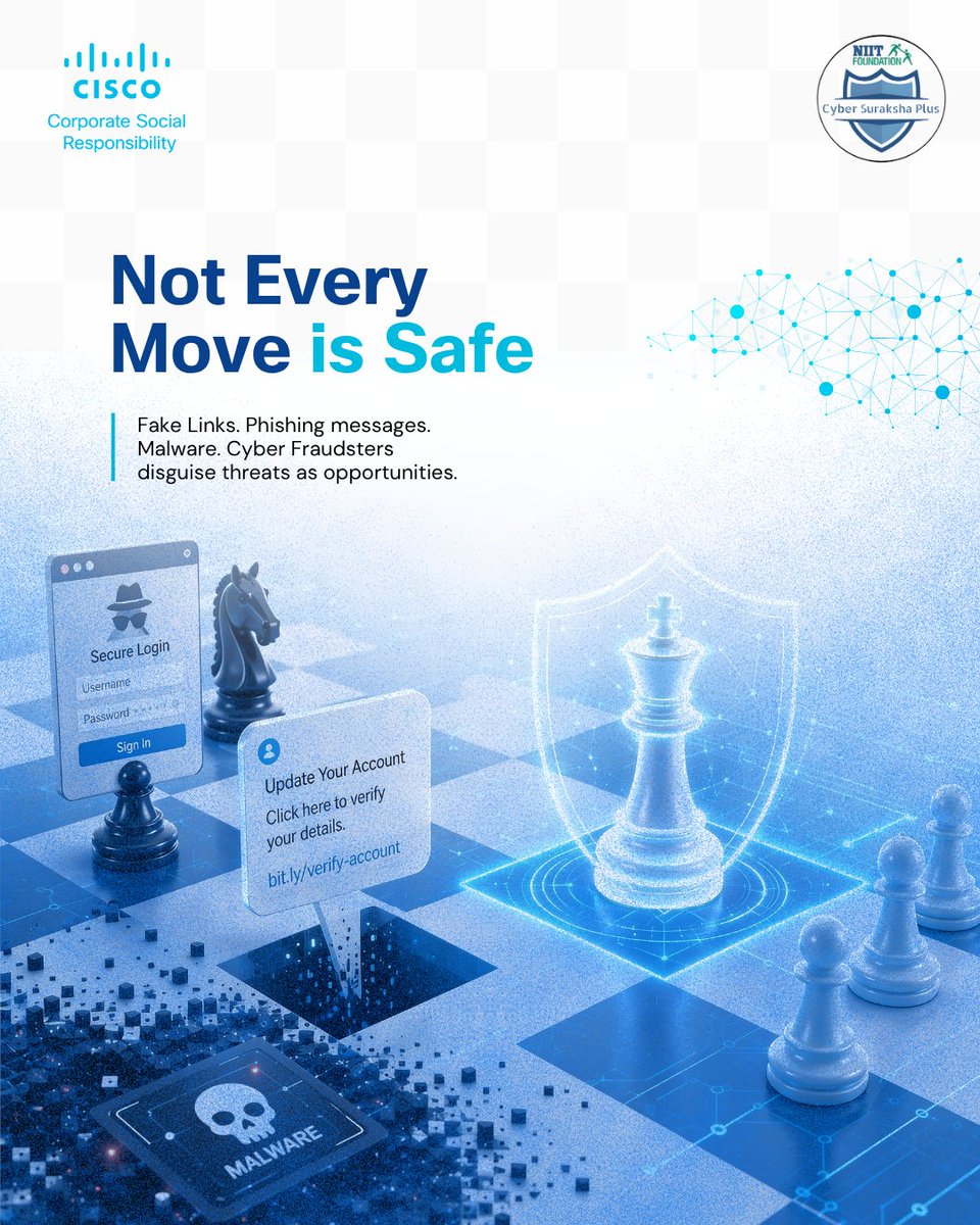 NIIT_Foundation's tweet photo. "𝐓𝐡𝐞 𝐏𝐨𝐰𝐞𝐫 𝐨𝐟 𝐎𝐧𝐞 𝐌𝐨𝐯𝐞" 

"What do Grandmaster @vishy64theking and cyber safety have in common? They both remind us that every move matters.

Just as a single move can change the course of a chess game, one careless click can put your digital security at risk. Think before you click. Verify before you trust.

Through the 𝐂𝐢𝐬𝐜𝐨–𝐍𝐈𝐈𝐓 𝐅𝐨𝐮𝐧𝐝𝐚𝐭𝐢𝐨𝐧 𝐂𝐲𝐛𝐞𝐫 𝐒𝐮𝐫𝐚𝐤𝐬𝐡𝐚 𝐏𝐥𝐮𝐬 programme, students, women, youth, and senior citizens are gaining practical cybersecurity skills to identify online threats, prevent fraud, and navigate the digital world with confidence.

Every click is a move. Make it a smart one.

#CyberSurakshaPlus #Cisco #NIITFoundation #ViswanathanAnand #CyberSafety #CyberAwareness