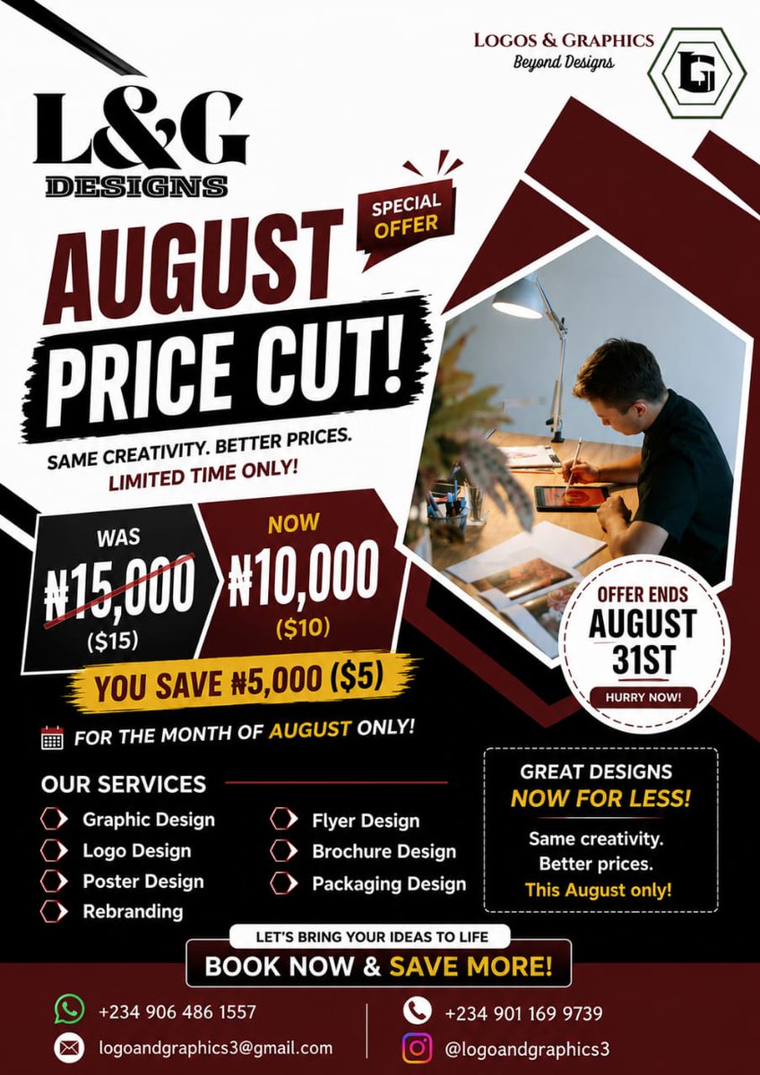 Zukki71's tweet photo. @utdmax0 🚨 AUGUST PRICE CUT IS HERE! 
For month of August, ALL our design services are now available for just:
₦15,000 ❌
₦10,000 ✅
Whether you need: 🎨 Logo Design 📢 Flyers &amp; Posters  …and more, we've got you covered!
⏳ Offer ends August 31. Don't miss out!
https://t.co/dWvjqZaDzS https://t.co/i3mZGs3iT8