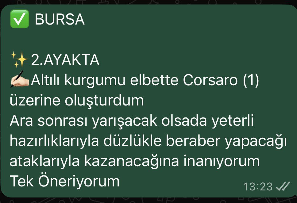 TopalogluSevket's tweet photo. 😎VARMI İTİRAZI OLAN?
✍🏻YİNE YENİDEN YAZIYORUM
👋🏻TEK BENDEN SORULUR 
✅CORSARO
✨2024’de 284.TEK
✨2025’de 395.TEK
✨2026’da 180GÜNDE KAZANAN 204TEK

🤫 BANA SALLAYIP PARANOYAK OLANLAR TEKLERİMİ SAYSIN
BENİ TAKİP ETSİN 
TEK NASIL VERİLİR ÖĞRENSİN
 
🥇UNUTMAYIN TEK BENDEN SORULUR https://t.co/6n9f8SP1da