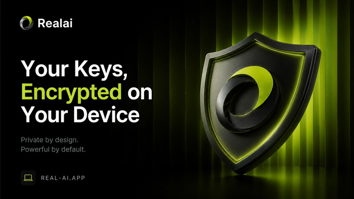 Realai_App's tweet photo. Your keys, encrypted on your device.

Realai is built around a simple rule. If you are running a Robinhood agent, your credentials should never leave your Mac. Keys stay local. Models connect through your own API. Missions and execution run through safety gates you control.

No cloud wallet. No shared runtime holding your secrets. Just a native macOS app with Apple Silicon and Intel builds, a local runtime that installs itself, and a stack designed for operators who take custody seriously.