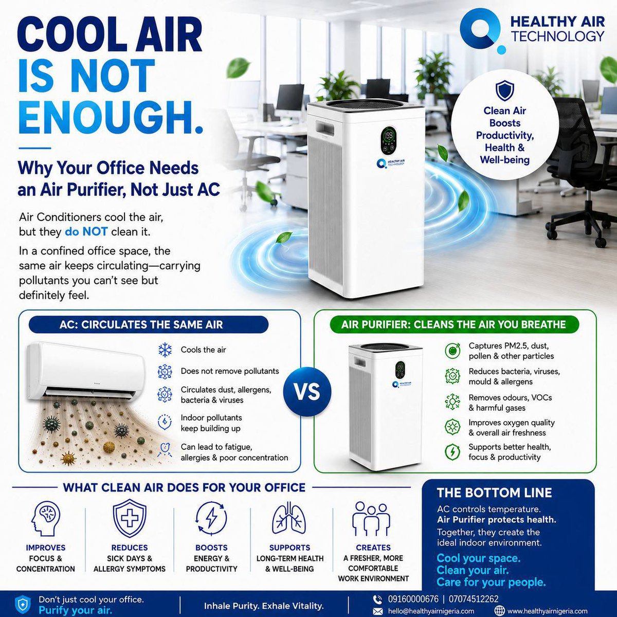 HealthyAirNG1's tweet photo. Happy New Week!
A cool office isn't always a healthy office.
Your AC cools the air, but an air purifier helps remove the invisible pollutants circulating indoors.
Don't just cool your office. Purify the air you breathe.
#IndoorAirQuality #CleanAir #AirPurifier #HealthyWorkplace https://t.co/nIdPYAAg7N