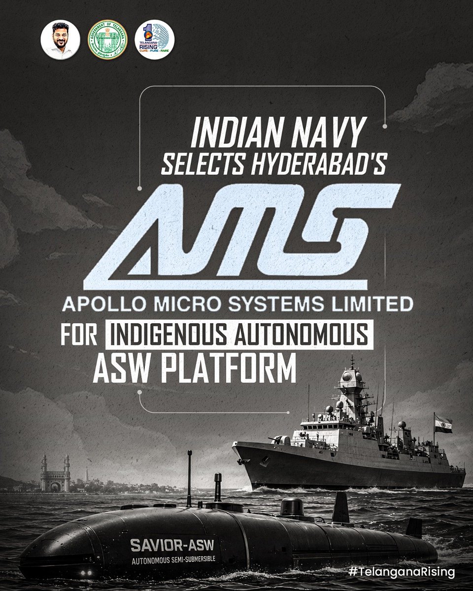 TGRising2047's tweet photo. A proud moment for Hyderabad & Telangana!

The Indian Navy has selected Hyderabad-based Apollo Micro Systems Ltd. to develop an indigenous Autonomous Semi-Submersible (ASW) platform, strengthening India’s defence innovation and Atmanirbhar Bharat mission. 🚢⚓ @apollo_micro

#TelanganaRising #Hyderabad #IndianNavy #Defence #AtmanirbharBharat