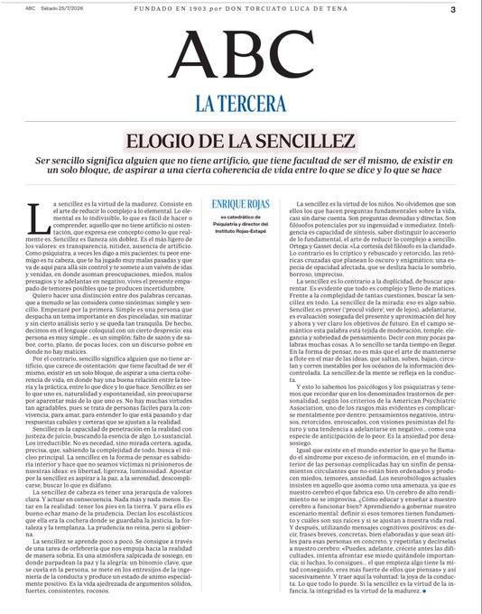 virginiog's tweet photo. "Elogio de la sencillez" de Enrique Rojas

La sencillez como ausencia de ostentación, naturalidad y coherencia entre lo que se dice y se hace
Es transparencia, nitidez, llaneza sin doblez

La gran virtud es la capacidad de ser uno mismo, una nueva forma de sabiduría https://t.co/6K2RxrHmJp