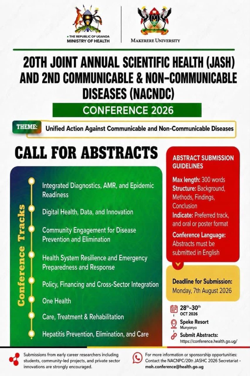 Wamezaya's tweet photo. 📢📢*Call for Abstracts | JASH & NACNDC Conference 2026*

🔎Are you conducting research, implementing an innovative project, or generating evidence that can strengthen Uganda’s response to communicable and non-communicable diseases?

💡This is your opportunity to showcase your work at the *20th Joint Annual Scientific Health (JASH)* and *2nd Communicable & Non-Communicable Diseases (NACNDC) Conference 2026*

⏳ Abstract Submission Deadline: *Monday, 7th August 2026*
📆Conference Dates: *28th–30th October 2026*
📍Venue: *Speke Resort Munyonyo*

✅The conference welcomes abstracts from students early-career researchers, healthcare professionals, community-led initiatives, innovators, academia, government, development partners, and the private sector.

🤝Share your work, connect with experts, and contribute to shaping Uganda’s health agenda.