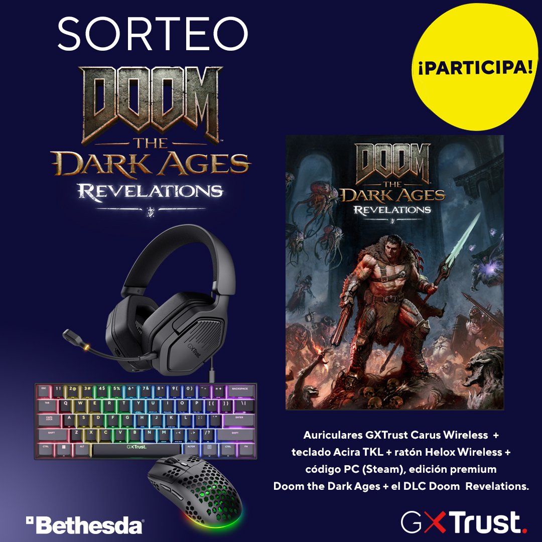 Trust_Spain's tweet photo. 🔥 #SORTEO 🔥 Doom: The Dark Ages - Revelations 
¡Gana un pack #GXTrust + el juego digital! 🎁

✅ Sigue a @Trust_Spain y @bethesda_ESP
🔁 RT a este post
🏷️ Menciona a 2 amigos

Bases Legales:
📍 Válido Península y Baleares
📅 Hasta el 10/08/2026
📸 Sorteo Multired. Puedes participar también en Instagram:  https://t.co/PDucCi1LxE

¡Mucha suerte! 🍀⚔️