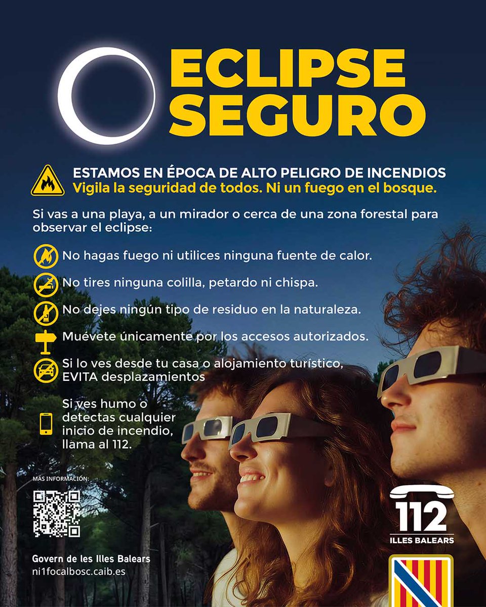 Emergencies_112's tweet photo. Si observas el eclipse cerca de una zona forestal, hazlo con responsabilidad.

🔥 Nos encontramos en una época de alto riesgo de incendios.
❌ No hagas fuego ni utilices ninguna fuente de calor.
🚶 Desplázate únicamente por los accesos autorizados.

☎️ Si ves humo o detectas cualquier conato de incendio, llama al 112.

ℹ️ Toda la información en https://t.co/CwxU60JLhB.