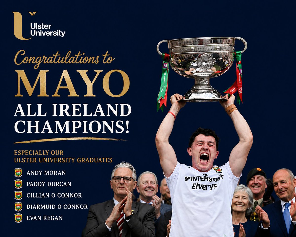 UlsterUniGAA's tweet photo. Congratulations to Mayo - All Ireland Senior Football Champions. Especially to our @ulsteruni graduates 
🏐Andy Moran
🏐Paddy Durcan
🏐Cillian O Connor 
🏐Diarmuid O Connor 
🏐Evan Regan
Enjoy the celebrations
#FriendsforLife https://t.co/4CD6gv8kji