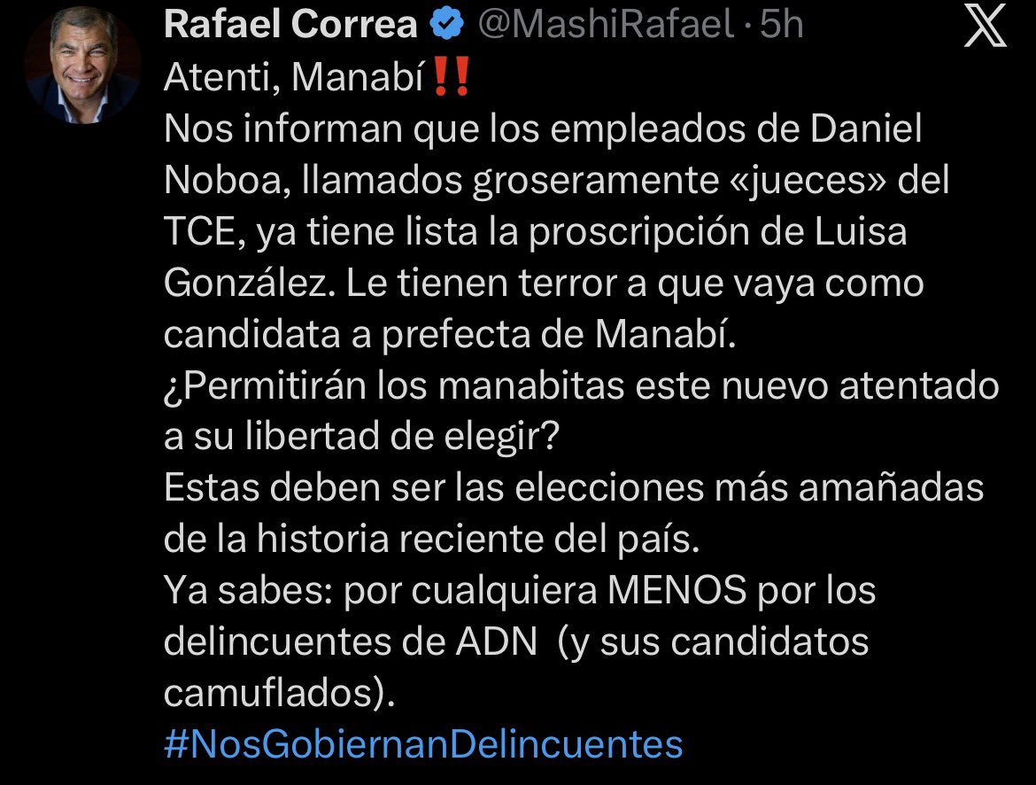 ecuainm_oficial's tweet photo. ‼️#URGENTE
Rafael Correa afirmó que, por pedido del presidente Daniel Noboa, el Tribunal Contencioso Electoral ya tendría lista la proscripción de Luisa González para impedir su candidatura a la Prefectura de Manabí. https://t.co/FKTTky1DGv