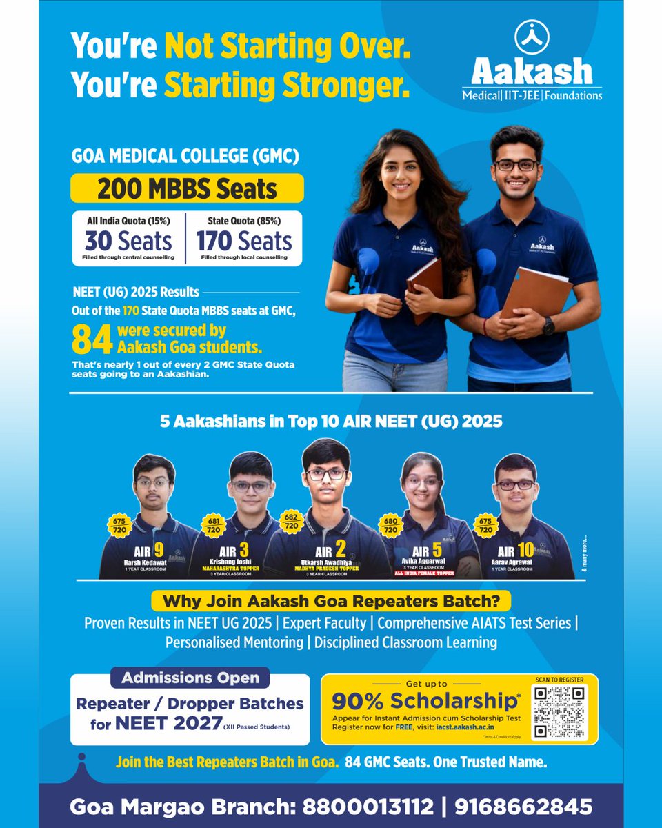 goa365tv1's tweet photo. Join Aakash Institute Goa and start your success journey today!

🎯 JEE | NEET | Foundation (8–10)
🔥 Repeater Batches Now Open

#AakashInstitute #AdmissionsOpen #JEE #NEET #Foundation #RepeaterBatch #Goa https://t.co/zSyLZNDqZv