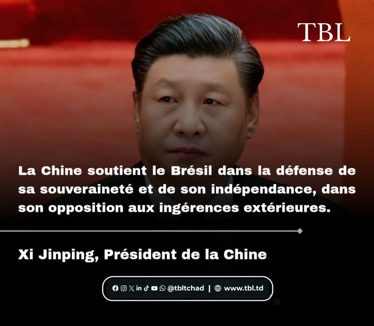 tbl_tchad's tweet photo. Lors d'un entretien téléphonique tenu lundi, le président chinois Xi Jinping a affirmé à son homologue brésilien Luiz Inácio Lula da Silva son soutien face aux ingérences extérieures, à moins de trois mois d'une élection présidentielle tendue au Brésil. https://t.co/4xGvd3KN1E