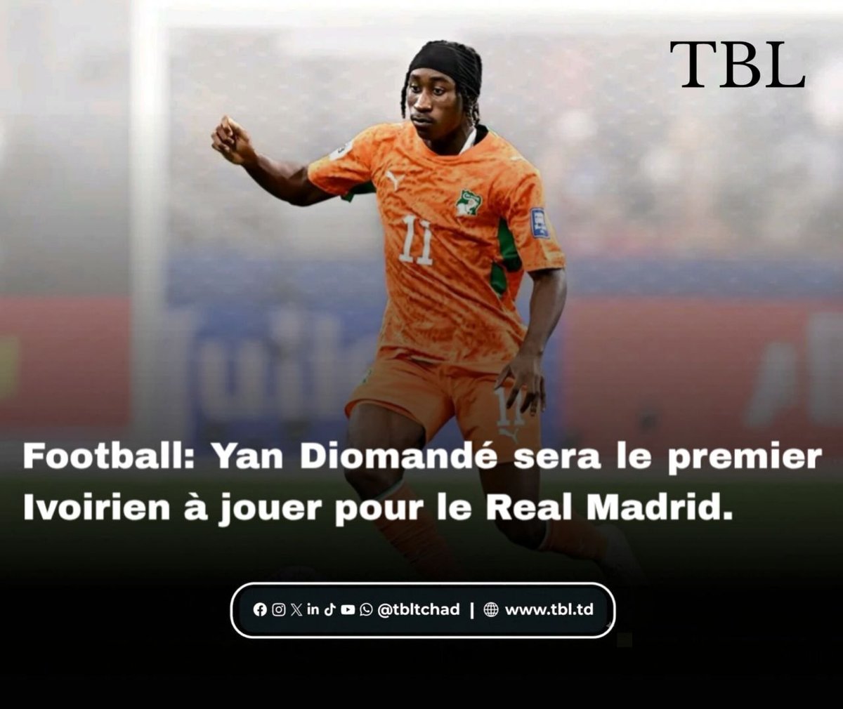 tbl_tchad's tweet photo. 𝗙𝗢𝗢𝗧𝗕𝗔𝗟𝗟 | Après une saison remarquable en Bundesliga, marquée par une Coupe du monde réussie et l'intérêt initial de Liverpool puis du PSG, l'ailier ivoirien du RB Leipzig, Yan Diomande (19 ans), s'apprête à rejoindre le Real Madrid. https://t.co/KrRuDd4hX9