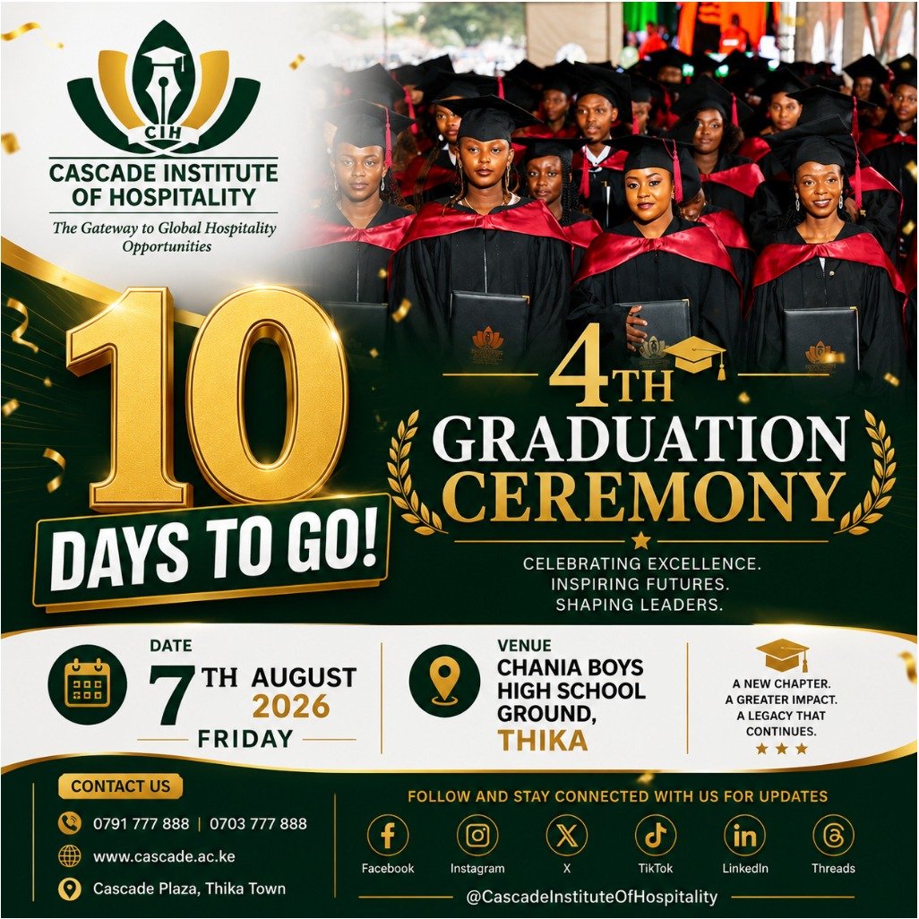 CIH_KE's tweet photo. 🔟 𝗗𝗔𝗬𝗦 𝗧𝗢 𝗚𝗢! 

In just 𝟭𝟬 𝗱𝗮𝘆𝘀, we will proudly celebrate the 𝟰𝘁𝗵 𝗚𝗿𝗮𝗱𝘂𝗮𝘁𝗶𝗼𝗻 𝗖𝗲𝗿𝗲𝗺𝗼𝗻𝘆 of the Cascade Institute of Hospitality, a milestone that reflects hard work, perseverance, and the beginning of exciting global careers. https://t.co/tTjHbEP8fH