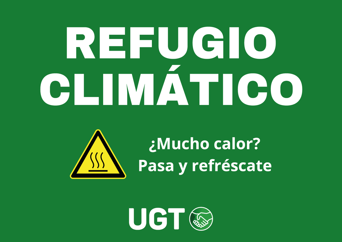 UGT_Comunica's tweet photo. 🟢 UGT se suma a la Red Estatal de Refugios Climáticos

🌡️ La organización abre sus sedes a la ciudadanía durante los episodios de temperaturas extremas y refuerza su compromiso con la adaptación al cambio climático y la protección de la salud.

🔗 Léelo aquí: https://t.co/HghdO39Vnx