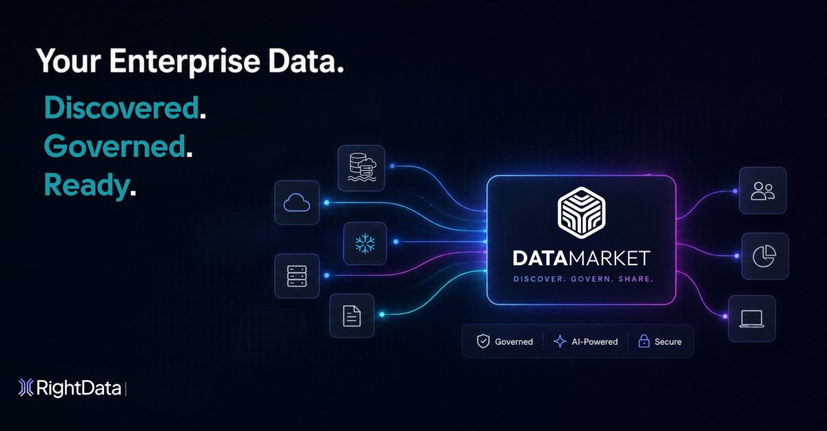 GetRightData's tweet photo. Enterprise data shouldn’t take weeks to find, approve, and access. 
RightData's DataMarket is an AI-powered enterprise data marketplace built to help organizations: 
• Discover and enrich data assets with AI 
• Apply governance policies directly to data 
• Query data wherever it resides 
• Simplify access requests and approvals 
• Deliver trusted, governed data in minutes 

👉 Watch the video to see DataMarket in action - https://t.co/576wJXrGsU 
Book a demo: https://t.co/2kfCOwAM6R