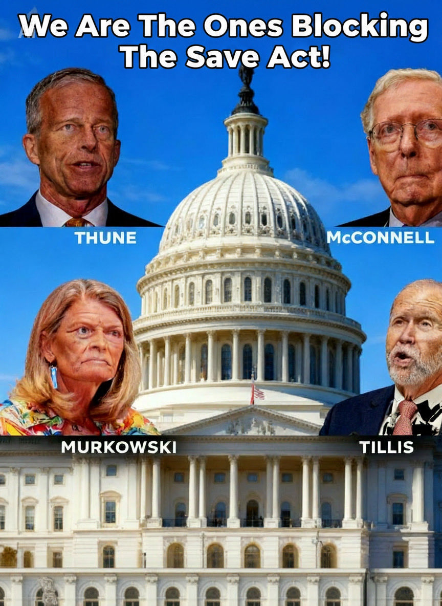 lakemonstercl1's tweet photo. These are the four main culprits blocking the Save America Act, defying their President and 85% of we the people. Why? https://t.co/wnRyOUf6nV