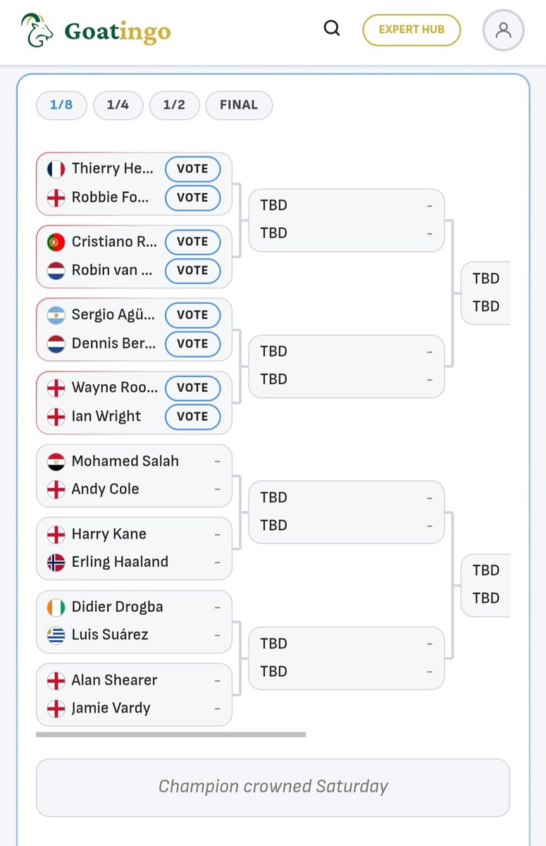 goatingo_'s tweet photo. The Best Premier League Forward Tournament is Live on our Website

https://t.co/05TZ0kludE

Vote for your Favorites now!

#Henry #Fowler #Ronaldo #VanPersie #Aguero #Bergkamp #Rooney #Wright #Salah #Cole #Kane #Haaland #Drogba #Suarez #Shearer #Vardy https://t.co/QGvkG1suOp