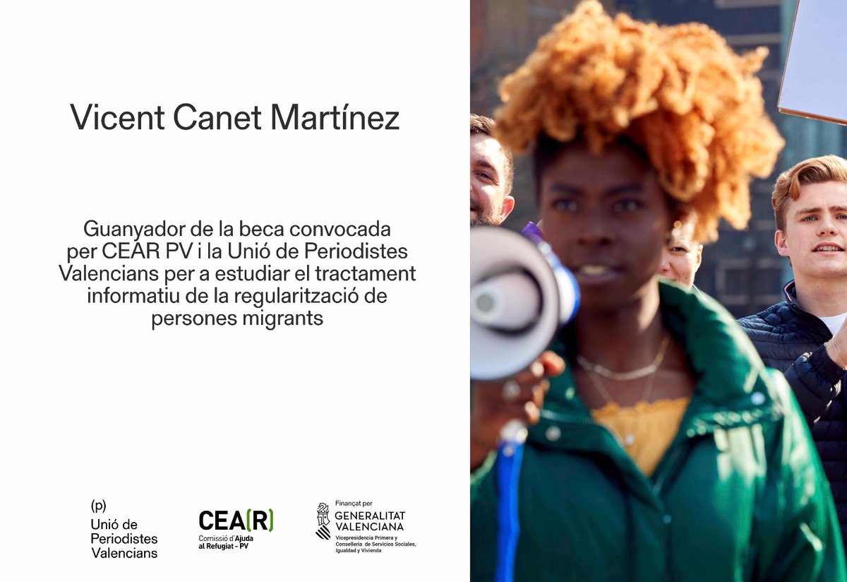unioperiodistes's tweet photo. 📢 𝗚𝗨𝗔𝗡𝗬𝗔𝗗𝗢𝗥 𝗕𝗘𝗖𝗔 𝗖𝗘𝗔𝗥

@vicentcanetmar ha sigut el company triat per a desenvolupar la beca convocada per la Unió de Periodistes Valencians amb @CEAR_PV per a realitzar un treball d’observació i anàlisi periodística de les notícies referides al procés de regularització extraordinària de persones migrants en l’estat espanyol i les seues derivades en matèria de discurs polític.

✅ El projecte també s’ampliarà al tractament mediàtic de notícies relacionades amb la immigració en general, incloent-hi discursos de caràcter xenòfob o racista, la difusió d’estereotips i la generació d’odi contra les persones migrants.

Gràcies a la resta de companys/es que han presentat les seues propostes!