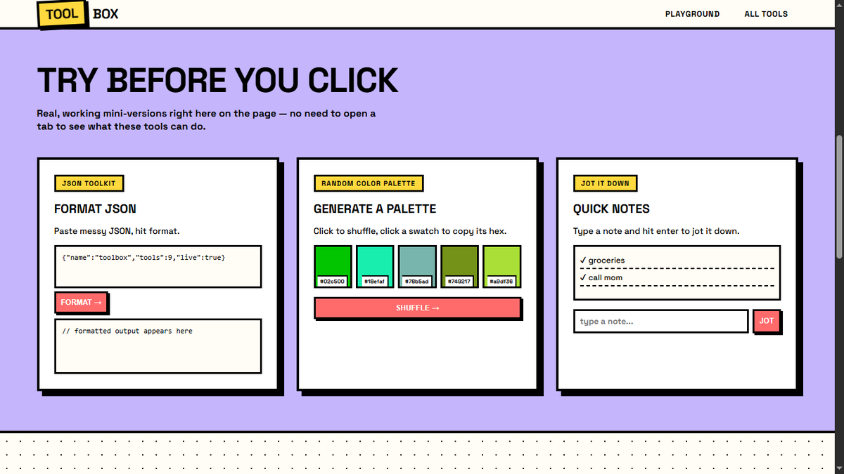 anishxsharma's tweet photo. #buildinpublic TOOL BOX — nine tiny tools, zero sign-ups. Click a card, get to work
All in one tools a no-nonsense toolbox of tiny web apps for tasks, focus, finance, notes, resumes, color, & code
#designskills Theme: Neobrutalism
deployed @Netlify
Used @claudeai @netlifyAR https://t.co/QH5hz7VVVW