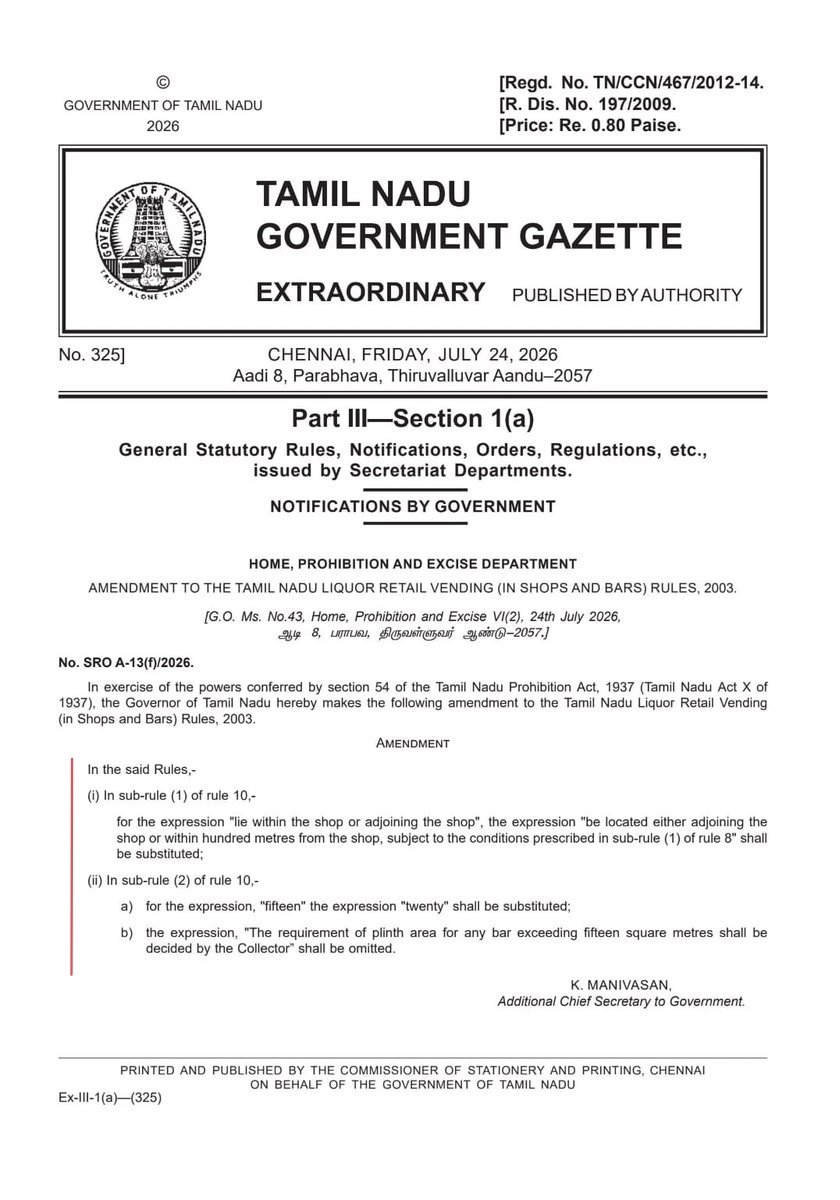 comharkishan16's tweet photo. The amendments were made to the Tamil Nadu Liquor Retail Vending (in Shops and Bars) Rules, 2003 were notified on 24.07.2026.

Rule 10, Sub-rule (1) -

 "கடைக்குள் அல்லது கடைக்கு அருகில் அமைந்திருக்க வேண்டும்" என்பது "கடைக்கு அருகிலோ அல்லது கடைக்கருகில் நூறு மீட்டருக்குள்ளோ அமையலாம், sub-rule (1) of rule 8 -ல் குறிப்பிடப்பட்டுள்ள நிபந்தனைகளுக்கு உட்பட்டு" என மாற்றப்பட்டது.
 
Rule 10, Sub-rule (2) -

Plinth area of bar : பதினைந்து சதுர மீட்டர்" என்பது "இருபது சதுர மீட்டர்" என மாற்றப்பட்டது.

Rule 10, Sub-rule (2) -

"பதினைந்து சதுர மீட்டருக்கு மேல் உள்ள எந்தவொரு பாருக்கும் தேவையான தரைப்பரப்பு குறித்து ஆட்சியரால் முடிவு செய்யப்படும்" என்ற பகுதி நீக்கப்பட்டது.

டாஸ்மாக் பாருக்கான விதிகள் தளர்வு மூலம் என்ன சொல்லவருகிறார்கள் ?

பார் ஓனர்ஸ் ஹாப்பி தான் போல !

#TASMAC