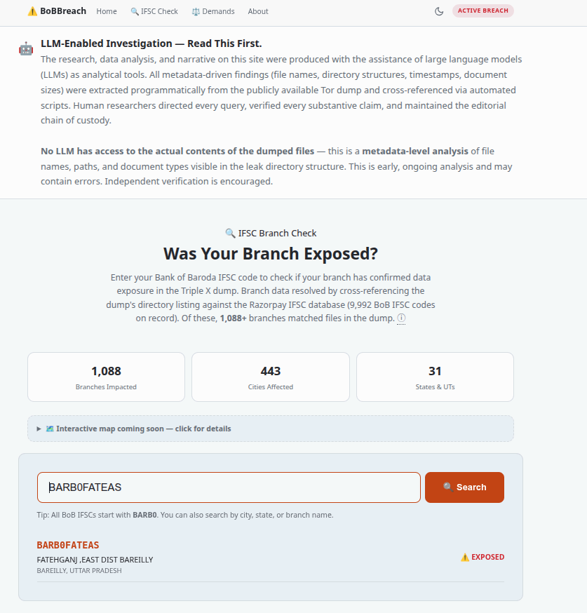 logic's tweet photo. #BoBBreach - Using metadata analysis of the open cache of documents #CashlessConsumer mashed up @Razorpay #IFSC data and is offering a (non-comprehensive) - "Has my @bankofbaroda branch been pwned/exposed in leak

#BreachNotification 

https://t.co/GeK5mNAmuB https://t.co/g2v0B8szV0