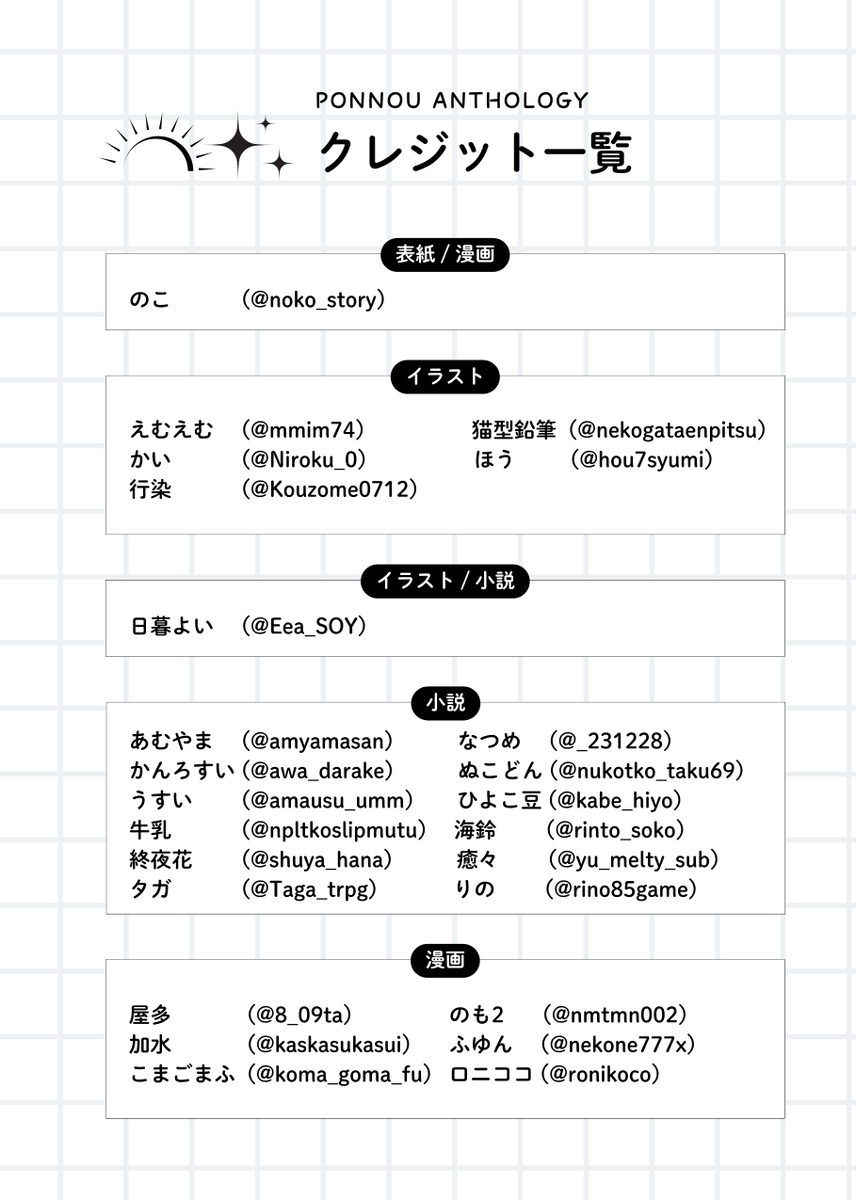 ponnou_hikosiki's tweet photo. 【🦭執筆者様一覧🐢】

合わせてぽんのうアンソロジーの執筆者様をご紹介いたします🌸

総勢24名の方にご協力いただきました❣️
ぽんのう���のたくさんの愛の詰まった作品ですので、ぜひお楽しみください✨
ツリーにて参加者様のIDを記載させていただいております。
是非ご覧ください。 https://t.co/8A2AqgKX5K