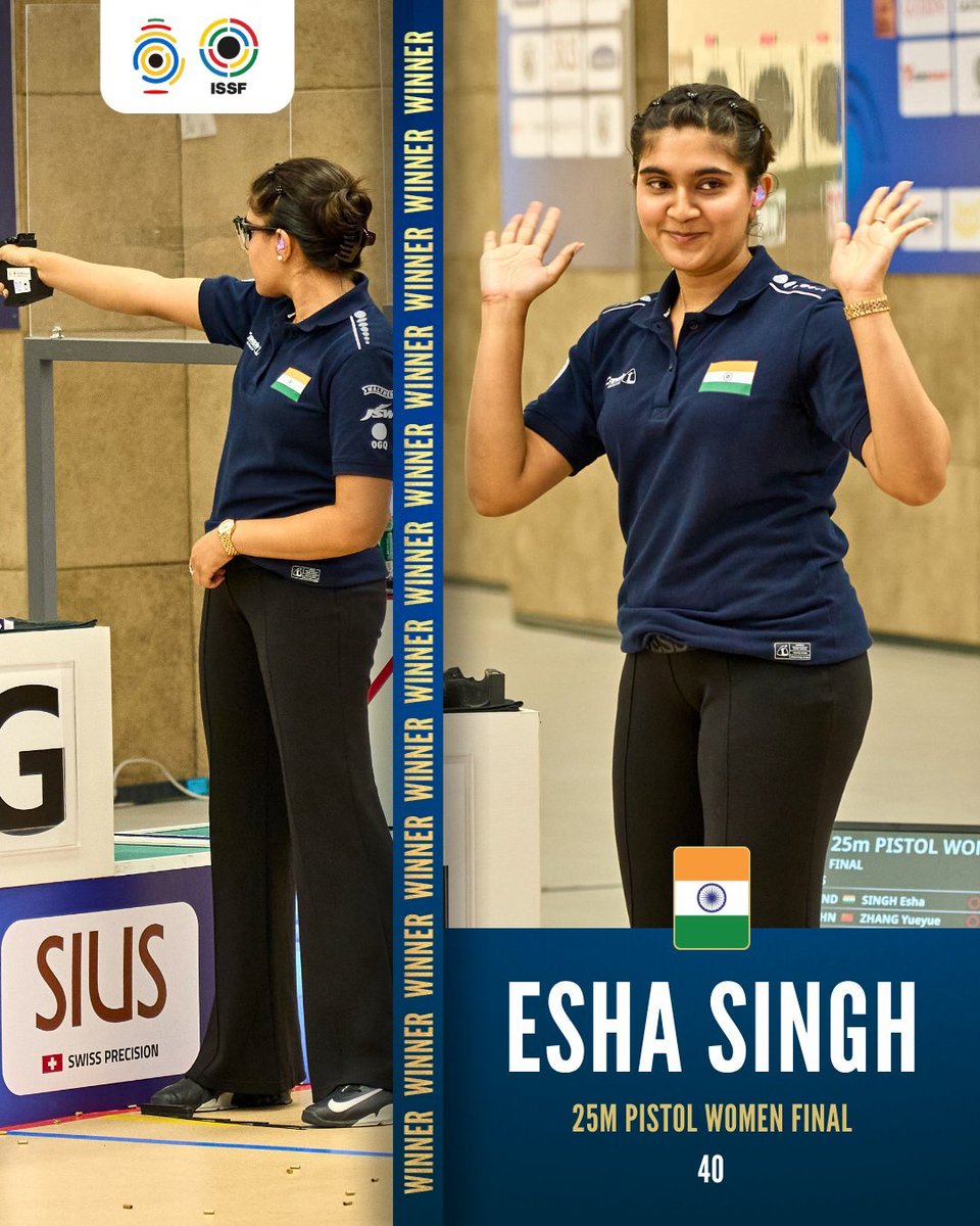 NeerajFgp's tweet photo. 🇮🇳🥇🥉 भारत का दम, पोडियम पर तिरंगा!

हांगझोऊ #ISSFWorldCup की महिला 25 मीटर पिस्टल स्पर्धा में ईशा सिंह ने 🥇 स्वर्ण और मनु भाकर ने 🥉 कांस्य पदक जीतकर देश को गौरवान्वित करने पर उन्हें बधाई एवं शुभकामनाएं।

#EshaSingh #ManuBhaker #TeamIndia #Shooting  #Hangzhou #JaiHind https://t.co/k4J1Pikepp