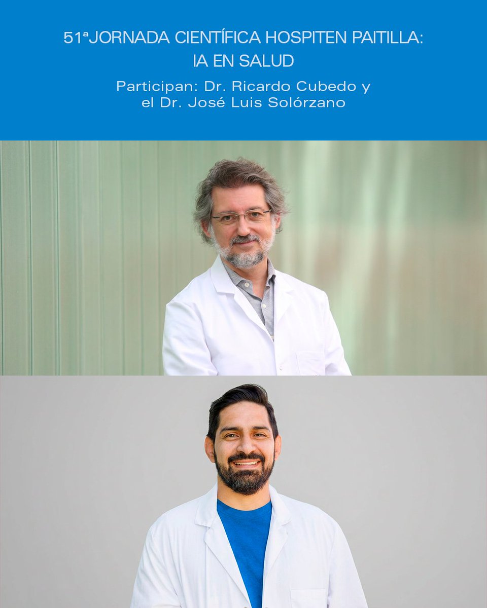 MDAnderson_ES's tweet photo. La innovación y el conocimiento compartido impulsan el futuro de la medicina.​

La 51ª Jornada Científica de @HPaitilla , bajo el lema "IA en Salud: de la innovación a lapráctica clínica", reunirá los días 30 y 31 de julio a expertos nacionales e internacionales conel objetivo de  debatir sobre el impacto de la inteligencia artificial en la práctica asistencial ylos desafíos que plantea su incorporación al entorno sanitario.​
​
La jornada contará con la participación de nuestros profesionales el Dr. Ricardo Cubedo, jefede Sarcomas y Cáncer Hereditario del Servicio de Oncología Médica; y el Dr. José LuisSolórzano, del Servicio de Anatomía Patológica.  ​

Un encuentro para compartir experiencias, generar conocimiento y seguir avanzando hacia una medicina más innovadora, precisa y centrada en el paciente.​

🔗 Consulta toda la información y programa en Jornada | Hospiten Paitilla

#MDAndersonCancerCenterMadridHospiten #Hospiten