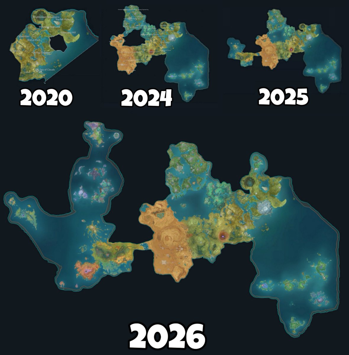 teyvattabloid's tweet photo. Genshin map throughout the years 

It still feels disconnected at some places i wonder how will they fill the gaps 

©️ LinkDaPugg

#Genshinlmpact #Genshin #GenshinMemes https://t.co/DNUNtR9Cpp