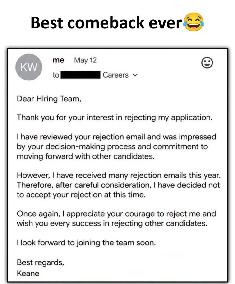 isOnlySwan's tweet photo. The job market is so tough right now
candidates are starting to 
reject their rejections.
现在的就业市场竞争太激烈了，
求职者甚至开始
拒绝被拒。

#拒绝你的拒绝 https://t.co/O3qc7ecfBE