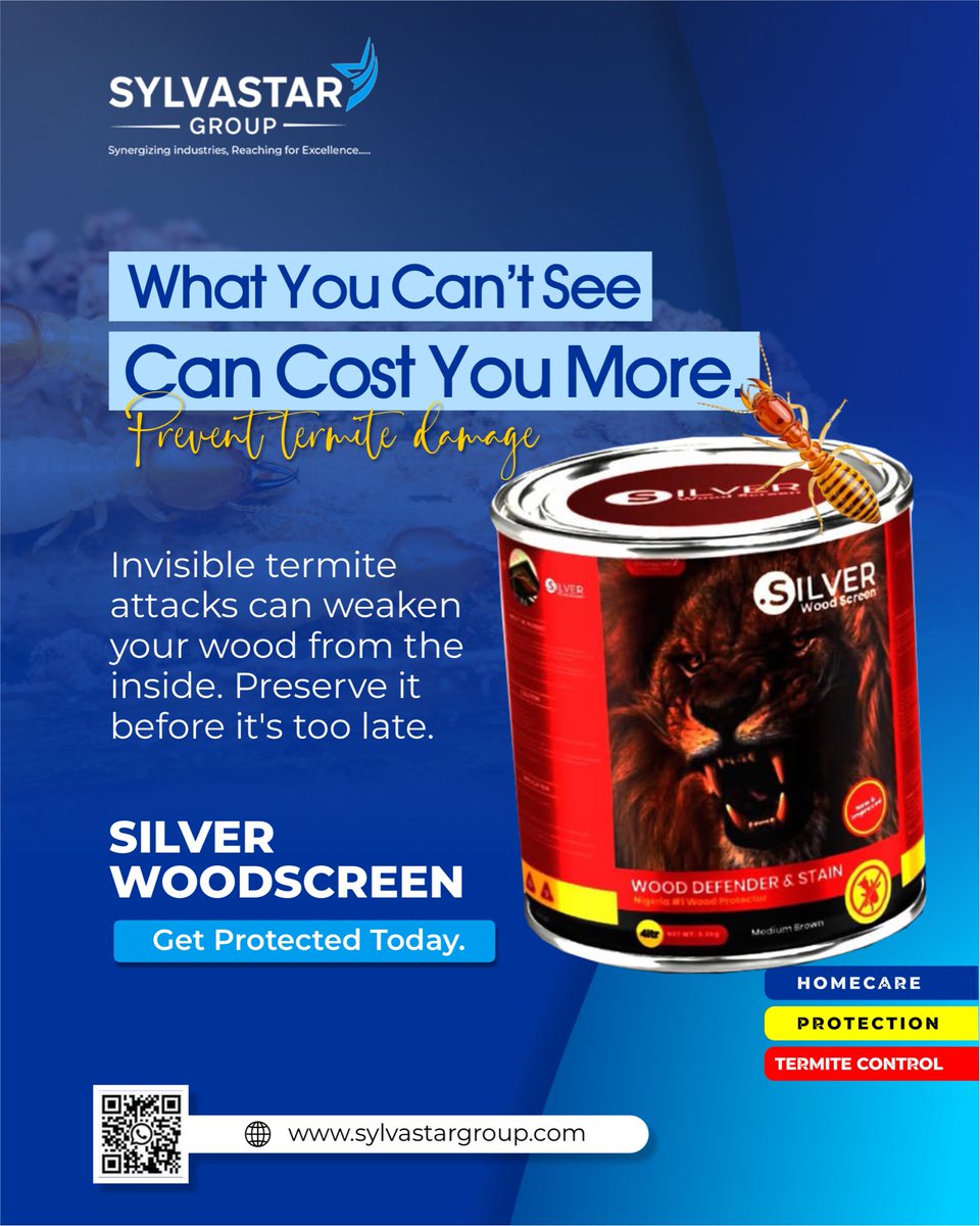 SylvastarGroup's tweet photo. 𝗗𝗼𝗻'𝘁 𝗹𝗲𝘁 𝘁𝗲𝗿𝗺𝗶𝘁𝗲𝘀 𝗱𝗲𝘀𝘁𝗿𝗼𝘆 𝘄𝗵𝗮𝘁 𝘆𝗼𝘂'𝘃𝗲 𝘄𝗼𝗿𝗸𝗲𝗱 𝗵𝗮𝗿𝗱 𝘁𝗼 𝗯𝘂𝗶𝗹𝗱.
​
The biggest threat to your wood isn't always visible. Termites attack from the inside, causing costly damage before you even notice.

𝗣𝗿𝗼𝘁𝗲𝗰𝘁 𝘆𝗼𝘂𝗿 𝗱𝗼𝗼𝗿𝘀, 𝗳𝘂𝗿𝗻𝗶𝘁𝘂𝗿𝗲, 𝗿𝗼𝗼𝗳𝗶𝗻𝗴, 𝗮𝗻𝗱 𝘄𝗼𝗼𝗱𝗲𝗻 𝘀𝘁𝗿𝘂𝗰𝘁𝘂𝗿𝗲𝘀 𝘄𝗶𝘁𝗵 𝗦𝗶𝗹𝘃𝗲𝗿 𝗪𝗼𝗼𝗱𝘀𝗰𝗿𝗲𝗲𝗻 ​𝘆𝗼𝘂𝗿 𝘁𝗿𝘂𝘀𝘁𝗲𝗱 𝘀𝗼𝗹𝘂𝘁𝗶𝗼𝗻 𝗳𝗼𝗿 𝗹𝗼𝗻𝗴-𝗹𝗮𝘀𝘁𝗶𝗻𝗴 𝘄𝗼𝗼𝗱 𝗽𝗿𝗲𝘀𝗲𝗿𝘃𝗮𝘁𝗶𝗼𝗻 𝗮𝗻𝗱 𝘁𝗲𝗿𝗺𝗶𝘁𝗲 𝗰𝗼𝗻𝘁𝗿𝗼𝗹.​

✅ Prevents termite damage
✅ Protects and preserves wood
✅ Durable, reliable protection
✅ Ideal for homes and commercial projects

Don't wait until the damage is done. Protect your wood today and save yourself costly repairs tomorrow.

📞 𝗖𝗼𝗻𝘁𝗮𝗰𝘁 𝘂𝘀 𝘁𝗼𝗱𝗮𝘆 𝘁𝗼 𝗽𝗹𝗮𝗰𝗲 𝘆𝗼𝘂𝗿 𝗼𝗿𝗱𝗲𝗿 𝗼𝗿 𝗹𝗲𝗮𝗿𝗻 𝗺𝗼𝗿𝗲.
​
 #TermiteControl #WoodPreservation #BuildingMaterials #ProtectYourInvestment #QualityYouCanTrust