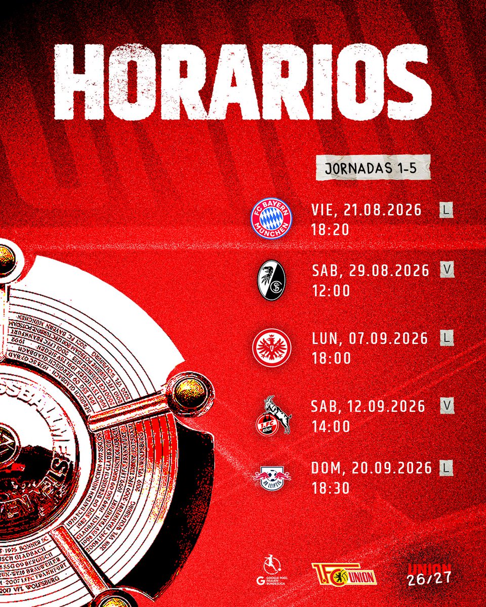 fcunion_es's tweet photo. 📅 Ya tenemos los horarios de las primeras 5 jornadas de las Chicas de Hierro

¡Con unas ganas enormes de ese espectacular debut en la Försterei ante las actuales campeonas! https://t.co/GRZR3xQDOI