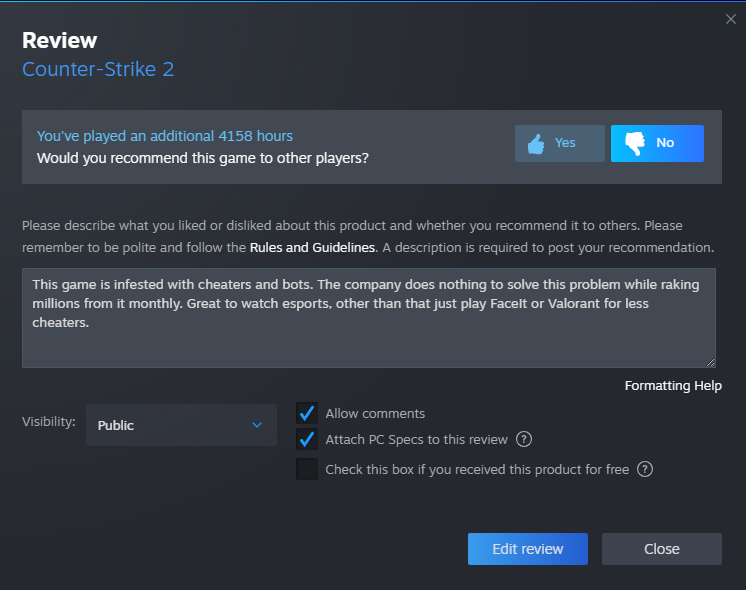iamcs2kitchen's tweet photo. I have changed my review of CS2. I would recommend you do the same.  This is something that everyone can do easily and let Valve know what they are doing is not acceptable. #whereisvac https://t.co/wITQBW21e9