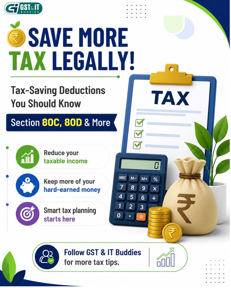 gst_itbuddies's tweet photo. 💰 Save More Tax, Save More Money! 📊

Our experts at GST &amp; IT Buddies are here to help you every step of the way.
👉 Follow GST &amp; IT Buddies for more tax-saving tips, GST updates, and financial insights.
#TaxSaving #Section80C #Section80D #IncomeTax #ITR #TaxPlanning https://t.co/UmwBgNNpZL