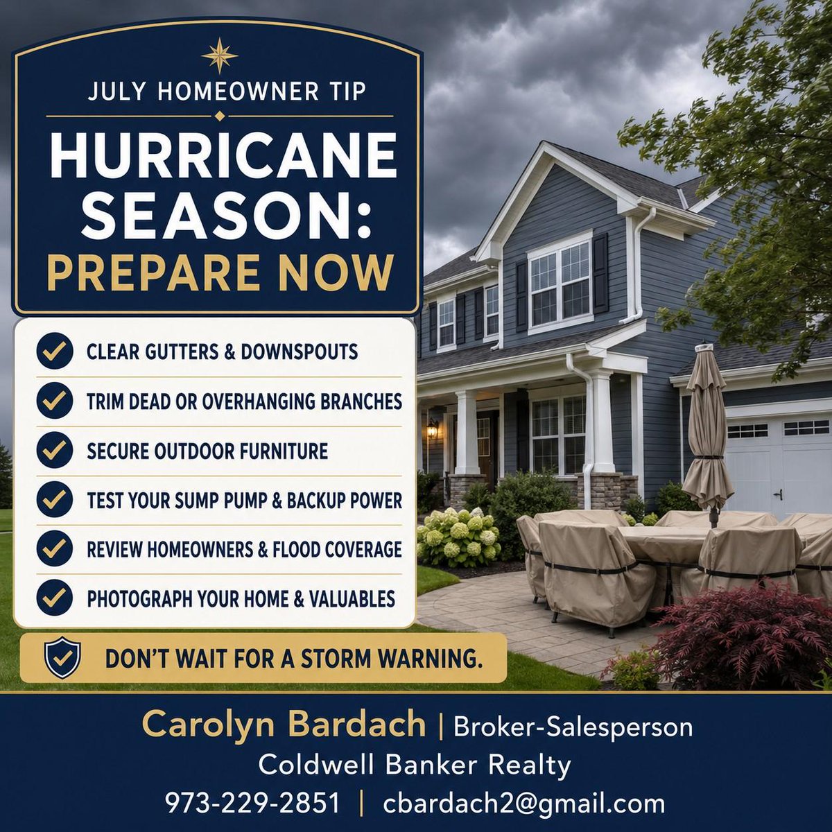 loveshomesinNJ's tweet photo. 🌀 Hurricane season is here! Prepare your home now:

✅ Clear gutters
✅ Trim hazardous branches
✅ Secure outdoor furniture
✅ Test your sump pump
✅ Review insurance coverage
✅ Photograph valuables

Save this checklist!

#NJHomeowners #HurricanePrep https://t.co/ecLZKvMpj9